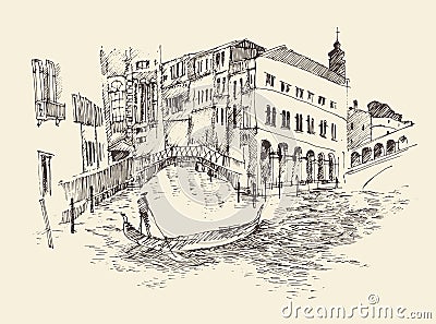 Venice city, Italy, vintage engraved illustration Cartoon Illustration