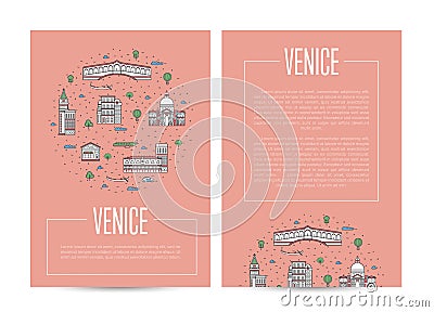 Venice city traveling advertising in linear style Vector Illustration