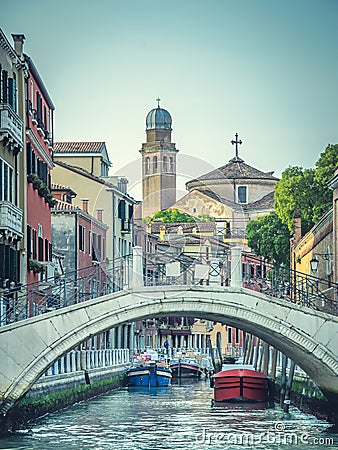 Venice cityscape, small bridge, narrow water canal Stock Photo