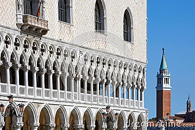 Venice, Doge palace facade and San Giorgio Maggiore bell tower in Venice Editorial Stock Photo