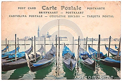 Venice gondolas, Italy, collage on vintage sepia postcard background, word postcard in several languages Stock Photo