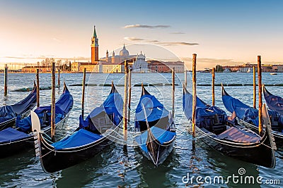 Venice Gondolas at sunrise on Grand Canal, Venice, Italy Stock Photo