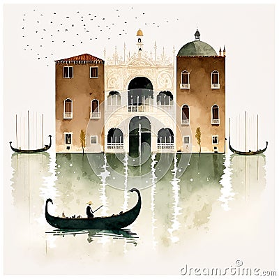 Venice with gondolas, watercolor illustration, Italy, calm soft colors Cartoon Illustration