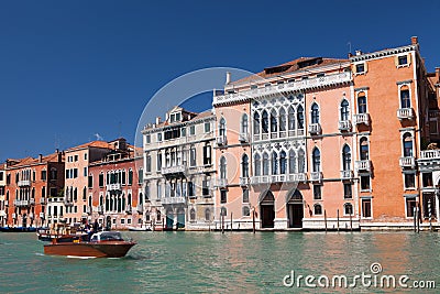 Venice, the Grand Canal, gondola ride, walk along the canals, marble fasades of the palases. Editorial Stock Photo