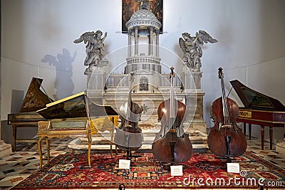 Ancient Italian string instruments exhibition in San Maurizio church in Venice, Italy Editorial Stock Photo