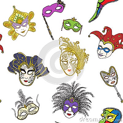 Venice Italy carnival masks seamless pattern. Hand drawn sketch Italian Venetian festival. Doodle Drawing background. Vector Illustration