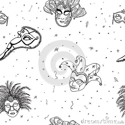 Venice Italy carnival masks seamless pattern. Hand drawn sketch Italian Venetian festival. Doodle Drawing background. Vector Illustration