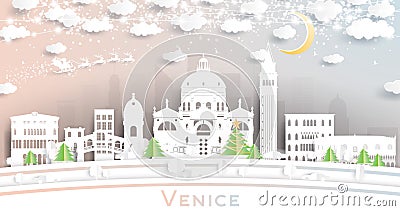 Venice Italy City Skyline in Paper Cut Style with Snowflakes, Moon and Neon Garland Stock Photo