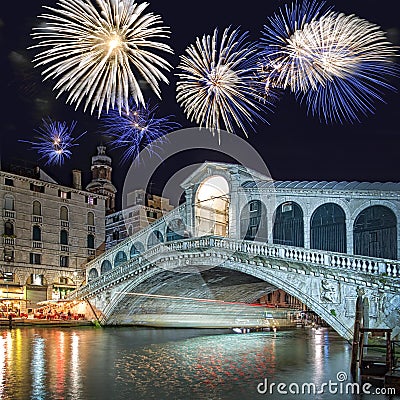 Venice Italy, fireworks over the Rialto bridge Stock Photo