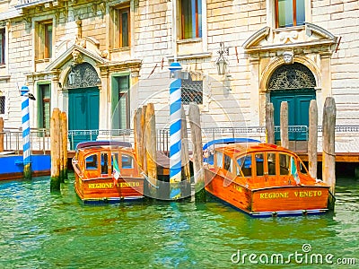 Venice, Italy - May 10, 2014: Retro brown taxi boat on water in Venice Editorial Stock Photo