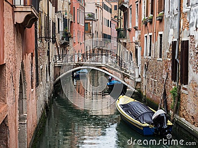 Venice, Italy - 22 May 2105: View of a side canal and old buildings in the centre of Venice. Stock Photo