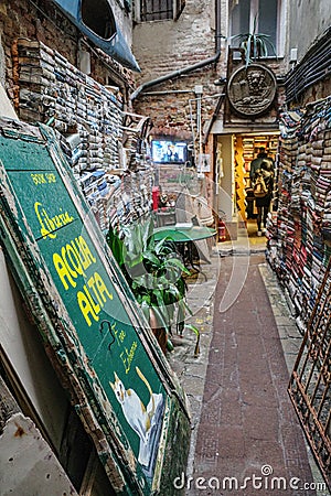 Venice, Italy: Libreria Acqua Alta bookshop in Venice, Italy Editorial Stock Photo