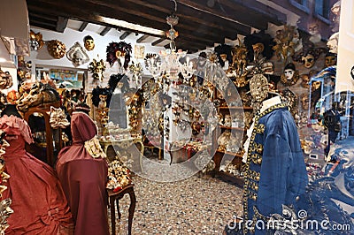 Interior of souvenir shop, Venetian masks for sale Editorial Stock Photo