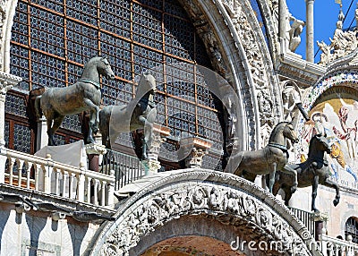Replicas of the Horses of Saint Mark as the Triumphal Quadriga Editorial Stock Photo