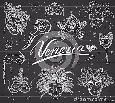 Venice Italy sketch carnival venetian masks Hand drawn set. Drawing doodle collection on chalkboad background. Vector Illustration
