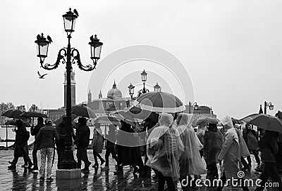 Tourists on a rainy day in Piazza San Marco St Marks Square. Editorial Stock Photo