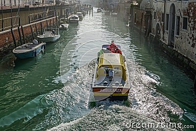Venice, Italy Venetian water ambulance sailing on the canals. Editorial Stock Photo