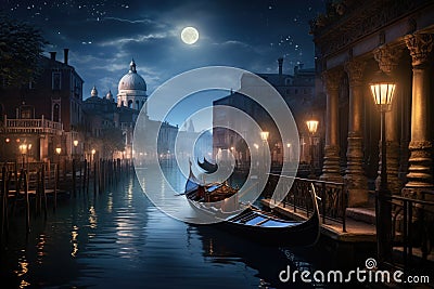 Venice at night with gondola and Santa Maria della Salute church, An elegant gondola floating on a moonlit Venetian canal, AI Stock Photo
