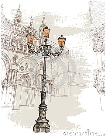 Venice. Piazza San Marco. lantern on St. Mark's Square Vector Illustration