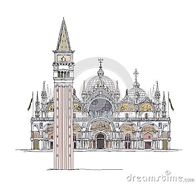 Venice sketch collection, San Marco and Town tower on the square, detailed illustration Vector Illustration