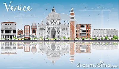 Venice Skyline Silhouette with Gray Buildings and Reflections. Stock Photo