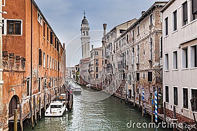 Venice Small Canal Tower Day Editorial Stock Photo
