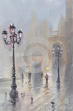 Venice in snow watercolor landscape. Morning mist with lamps and pigeons Stock Photo