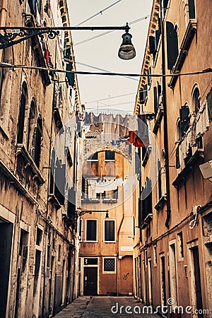 Streets with a hanging laundry. Stock Photo