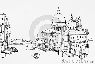 Venice veiw on Grand canal from Academia bridge to Santa Maria d Cartoon Illustration