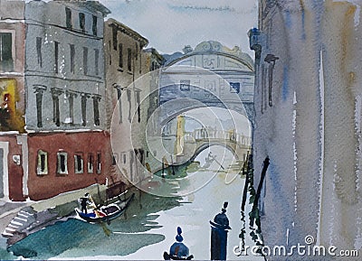 Venice view on Bridge of Sighs Ponte dei Sospiri original watercolor illustration italian painting with gondolas Cartoon Illustration