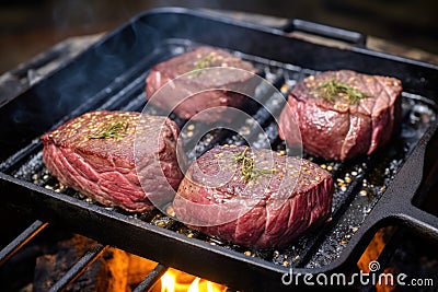 venison steaks on a cast iron griddle on a grill Stock Photo