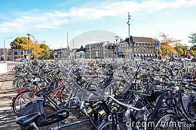 Venlo, Limburg, Netherlands - October 13, 2018: Rows of parked bicycles in the Dutch city close to the main train station. City Editorial Stock Photo