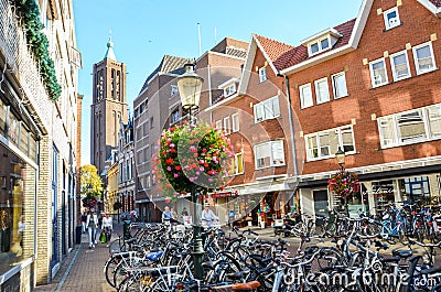 Venlo, Limburg, Netherlands - October 13, 2018: Shopping street in the historical center of the Dutch city. Bicycles parked in the Editorial Stock Photo