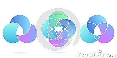 Venn Diagram Color Round Set. Circular Empty Schema. Three, Four Intersected Circle Infographic. 3, 4 Circles Chart Vector Illustration