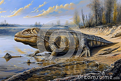 Ventastega is an extinct genus of stem tetrapod that lived during the Upper Fammenian of the Late Devonian. Generative AI Stock Photo