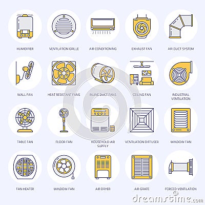 Ventilation equipment flat line icons. Air conditioning, cooling appliances, exhaust fan. Household and industrial Vector Illustration