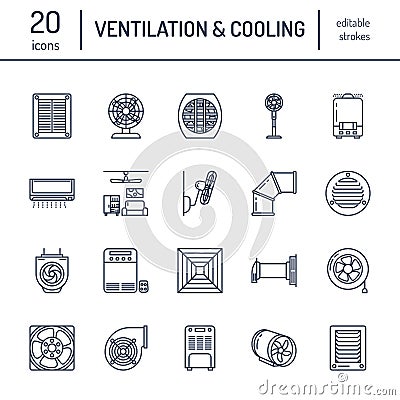 Ventilation equipment line icons. Air conditioning, cooling appliances, exhaust fan. Household and industrial ventilator Vector Illustration