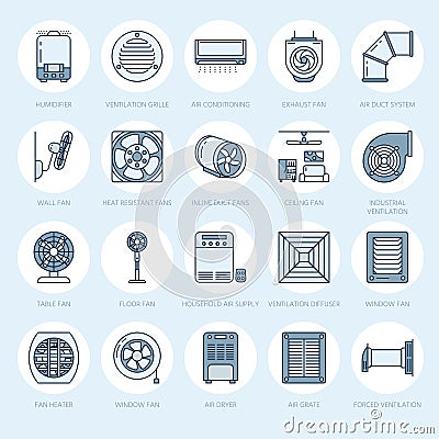 Ventilation equipment line icons. Air conditioning, cooling appliances, exhaust fan. Household and industrial ventilator Vector Illustration