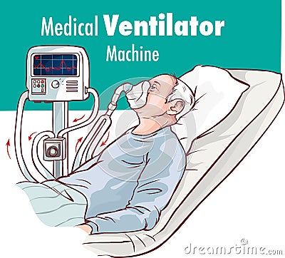 Ventilator Medical Machine Equipment fo Tracheostomy Patient Breathing in Operating Room Surgery Hospital Clinical ICU Intensive Vector Illustration