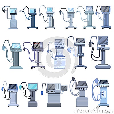 Ventilator Medical Machine icons set, cartoon style Vector Illustration