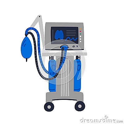 Ventilator Medical Machine. Ventilator machine used to assist breathing.. Medical care and fight against covid-19. Flat Vector Illustration