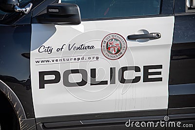 A City of Ventura Police Departement logo on on a Police SUV at the scene of a search of a suspect's vehicle. Editorial Stock Photo