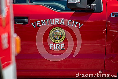 A Ventura City Fire Department logo and city seal on fire department engines and trucks. Editorial Stock Photo