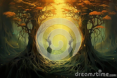 Ancient forest guardians, towering tree ents with deep-rooted wisdom - Generative AI Stock Photo