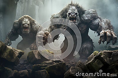 Massive trolls with boulders for fists - Generative AI Stock Photo