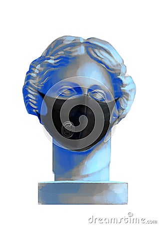 Venus de Milo head sculpture in the front view wearing protective mask Stock Photo