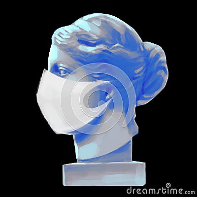 Venus de Milo head sculpture in the side view wearing protective mask Stock Photo