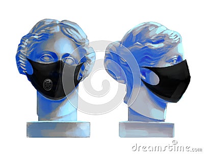 Venus de Milo head sculptures in the front and side views wearing black protective masks Stock Photo