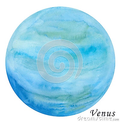 Venus Planet watercolour illustration. Hand drawn on white background, isolated. Cartoon Illustration