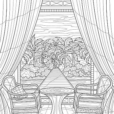 Veranda view of the palm trees.Coloring book antistress for children and adults. Vector Illustration